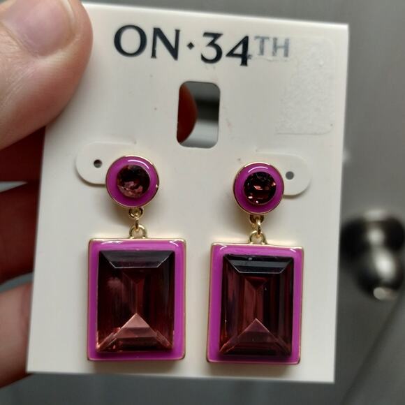 On 34th Macy's BRAND NEW Gold-Tone Crystal Double-Drop Pink Red Earrings - Picture 2 of 3